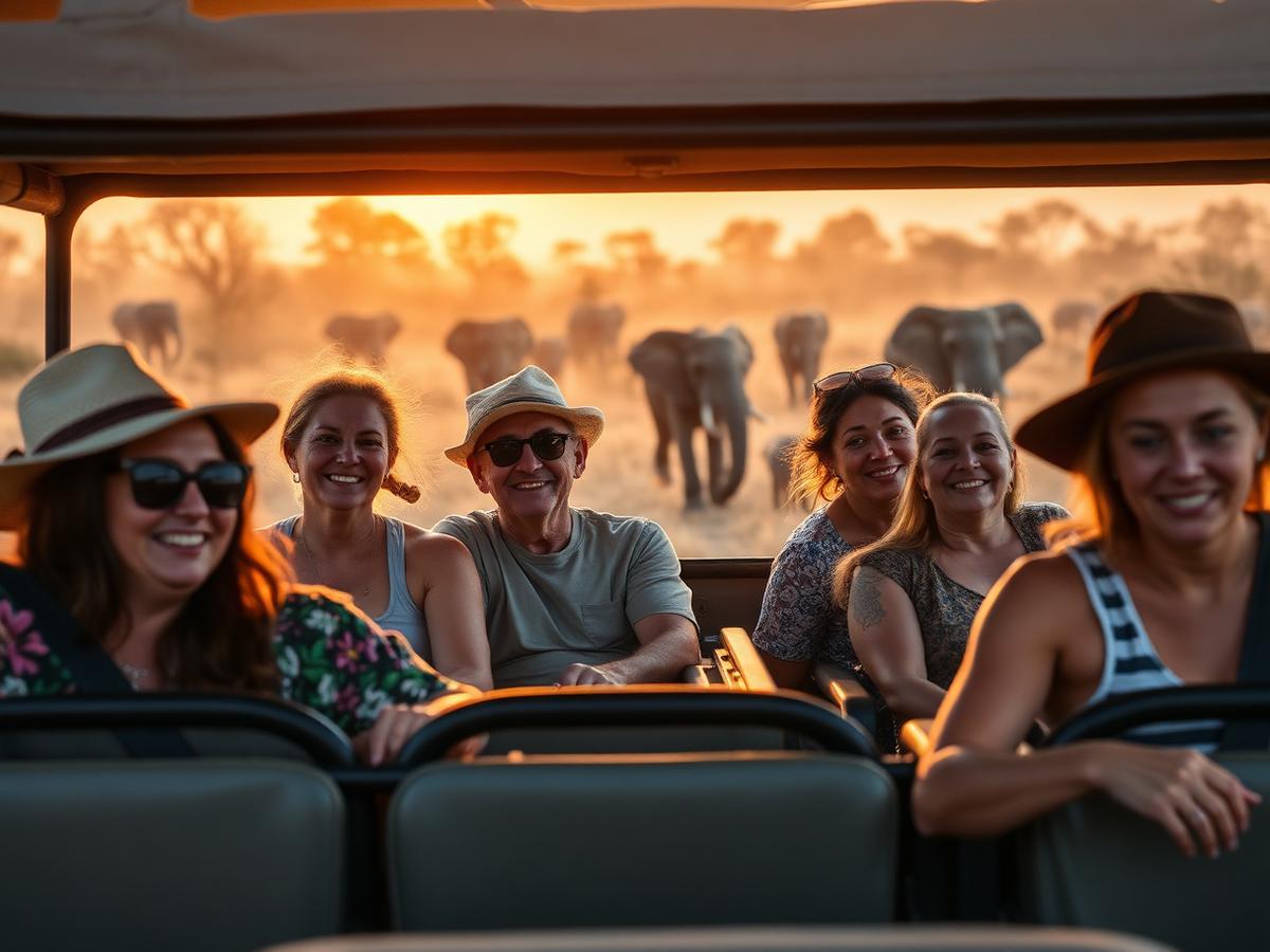 Group on a safari game drive at golden hour